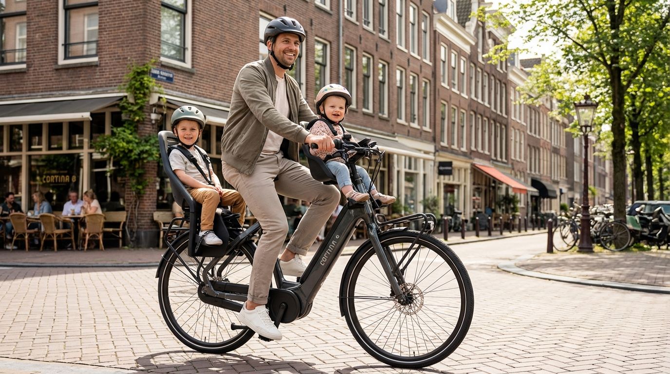 Cortina Family gezinsfiets met kinderzitje en boodschappenkrat in de stad